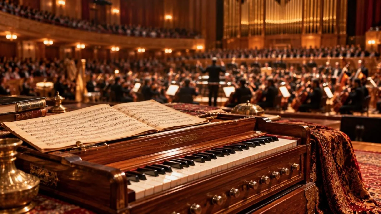 A wooden harmonium with handwritten music sheets and a blurred symphony concert hall behind