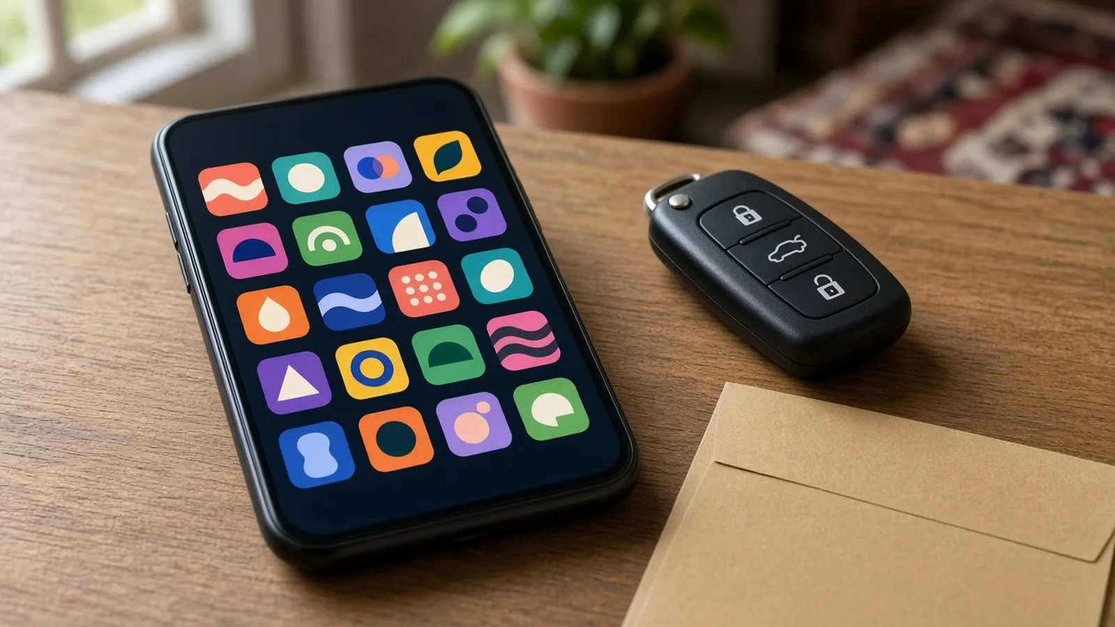 Phone on a wooden table showing a grid of colourful app icons, with a car key and envelope nearby