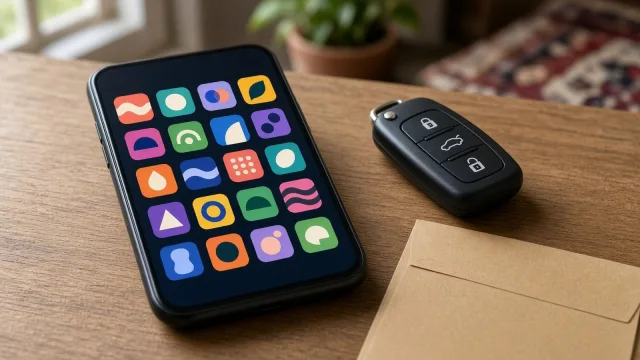 Phone on a wooden table showing a grid of colourful app icons, with a car key and envelope nearby