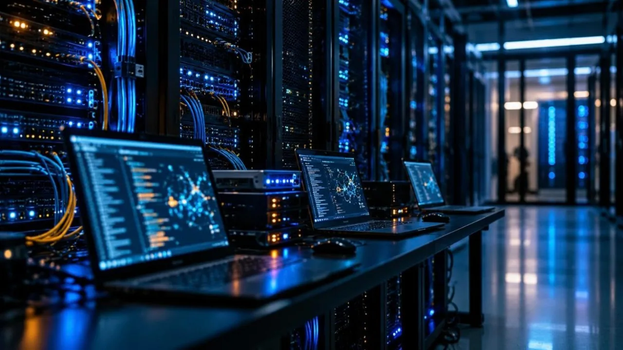 Dark server room with glowing blue network lights and laptop screens showing abstract patterns