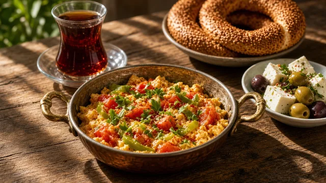 A copper pan of Turkish menemen with soft scrambled eggs, tomatoes, green peppers and chilli flakes