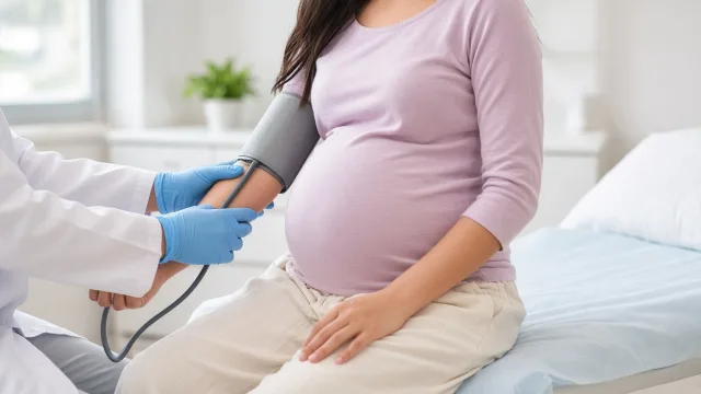 A pregnant woman having her blood pressure checked at an antenatal clinic, illustrating pre-eclampsia screening