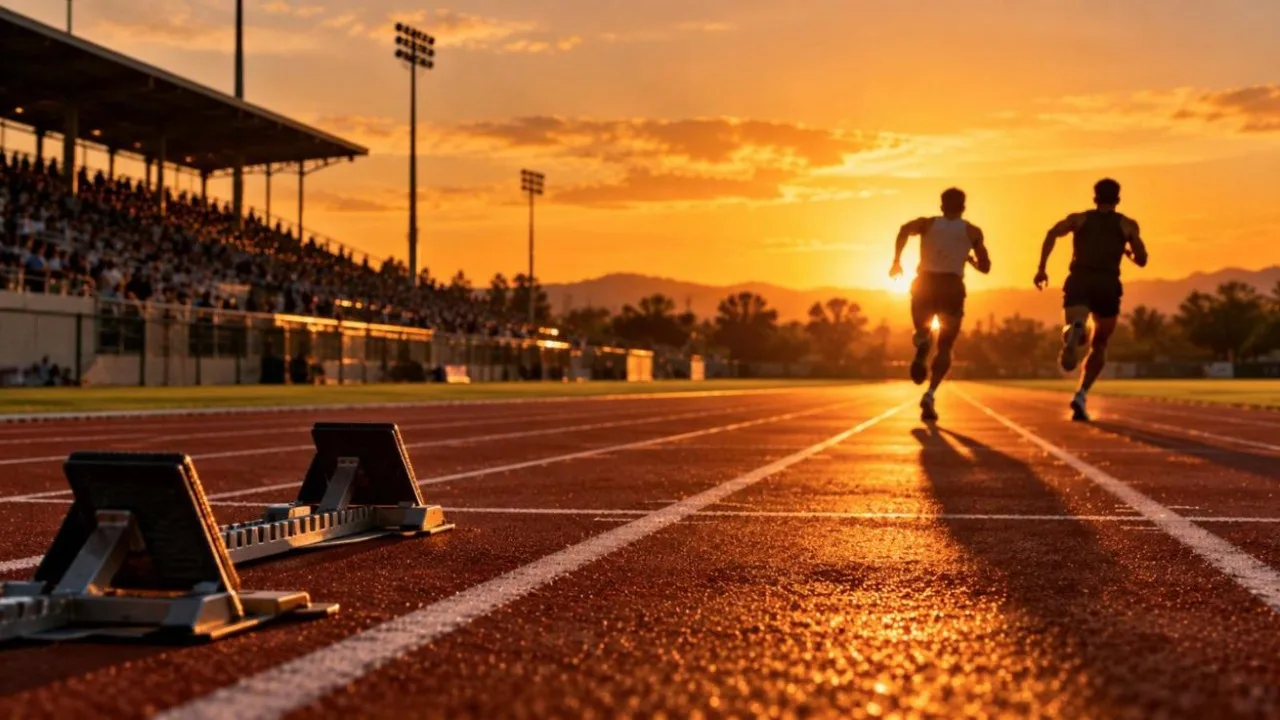 Athletics track at golden hour with lane lines, starting blocks and two runners in silhouette