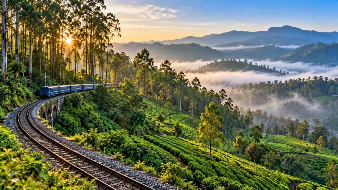 Nilgiri hills with a railway track curving through tea gardens in the mist