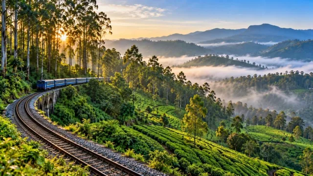 Nilgiri hills with a railway track curving through tea gardens in the mist