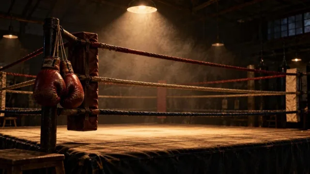 Empty vintage boxing ring under a spotlight with smoke and worn red gloves hanging on a corner post