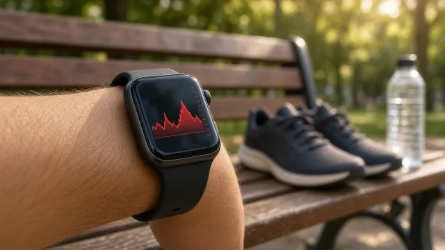 Wrist wearing a smartwatch showing a heart-rate graph, with running shoes on a park bench behind
