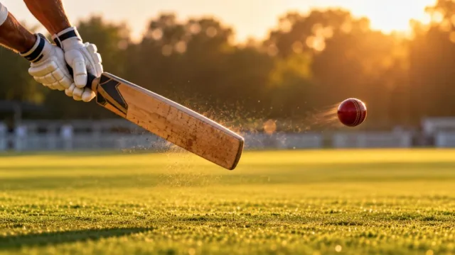 A wristy cricket shot with a red ball racing along a sunlit outfield, only the bat and gloves visible