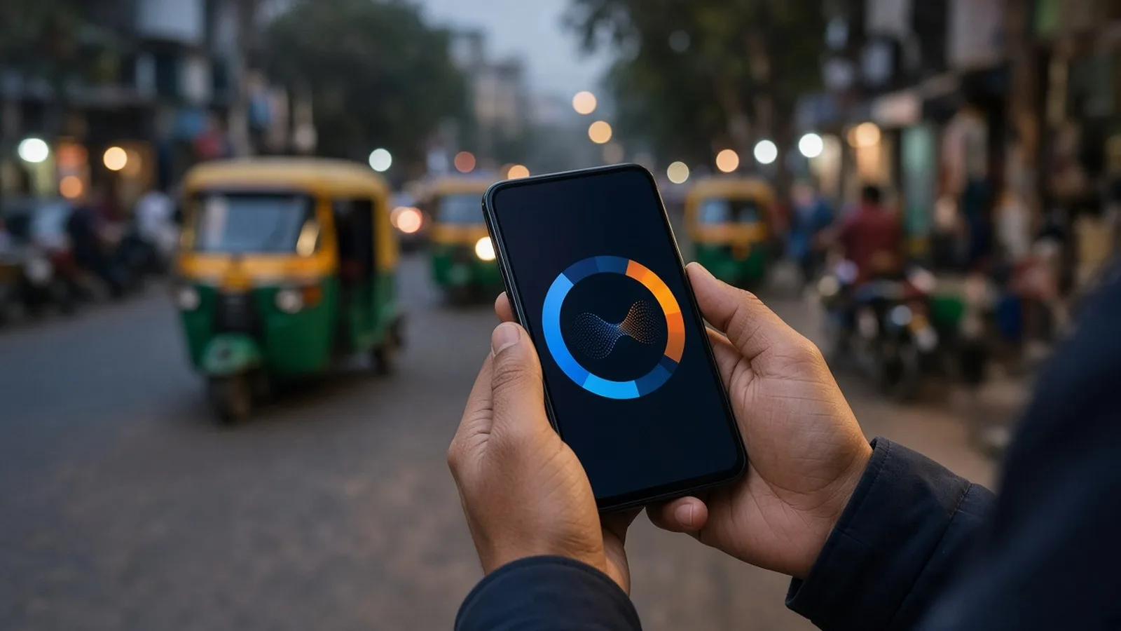 Hands holding a phone showing a circular data usage gauge on a busy evening street