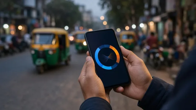 Hands holding a phone showing a circular data usage gauge on a busy evening street