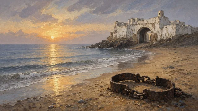 An old coastal fort on a West African shore at dawn with broken shackles on the sand, a symbol of the abolition of the transatlantic slave trade