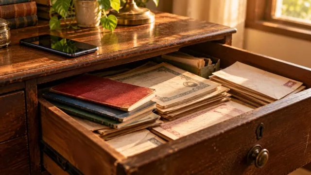 An old drawer with forgotten passbooks, share certificates and envelopes beside a smartphone