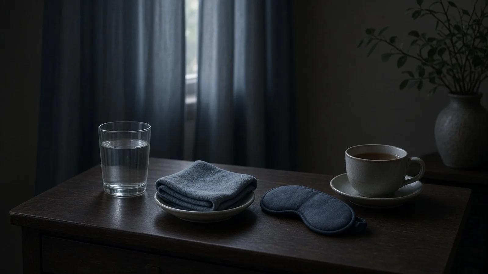 A glass of water, a folded cloth, a sleep mask and a cup of tea on a bedside table in a darkened room