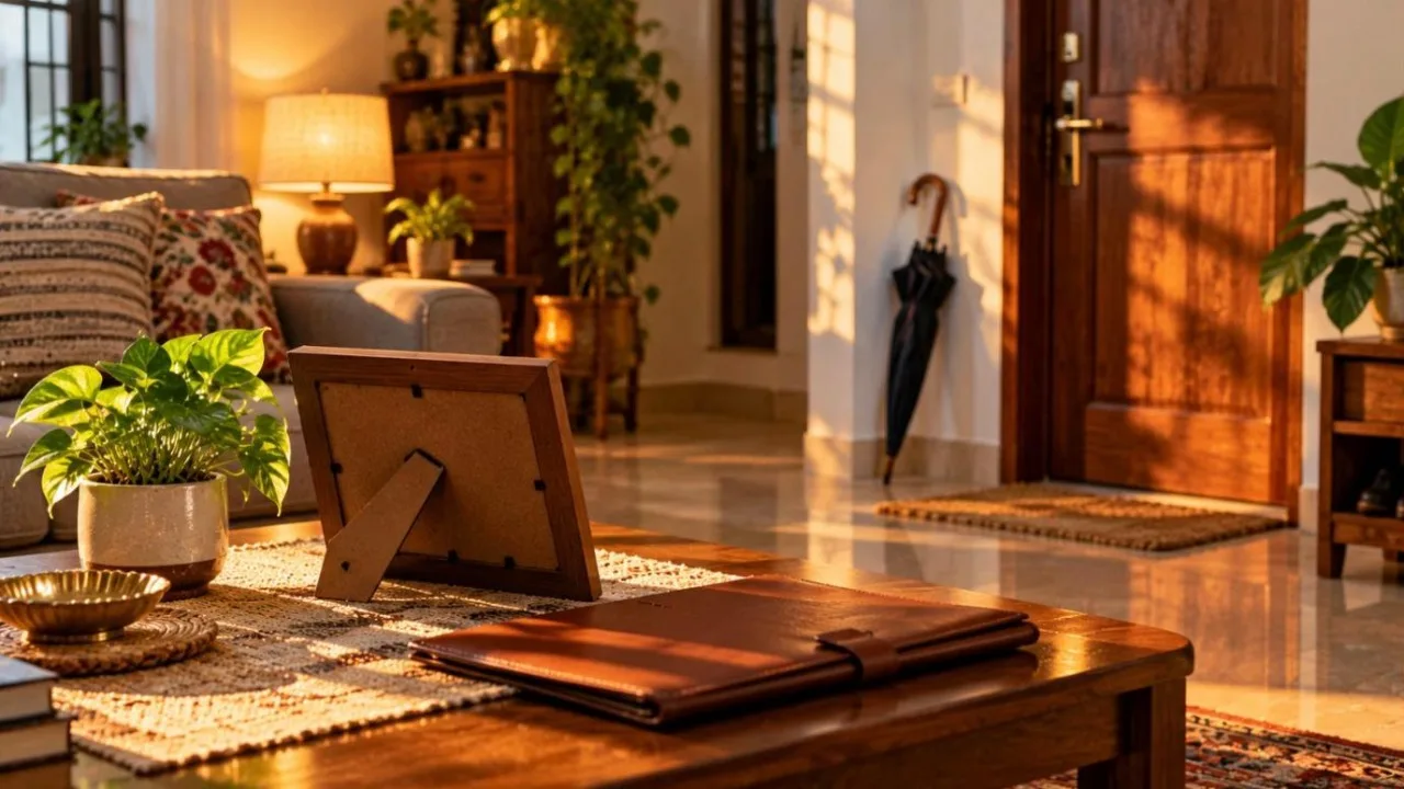Living room with umbrella by the door and family photo frame
