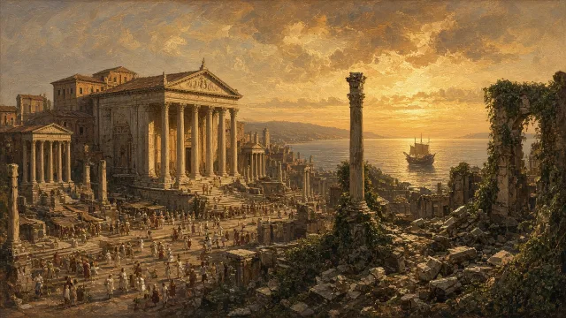 A Roman forum shown half in its glory and half in ruins, illustrating the rise and fall of the Roman Empire