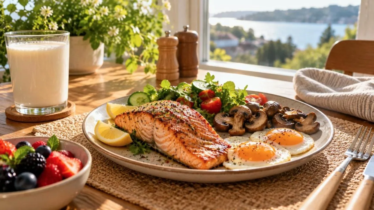 Sunny breakfast table with grilled salmon, eggs, mushrooms and milk in bright morning light