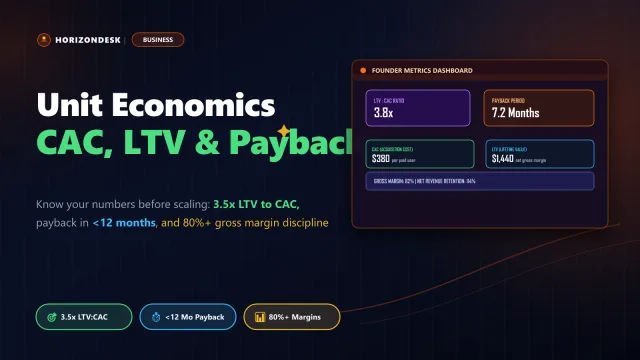 Banner for startup unit economics displaying CAC payback periods, LTV to CAC 3x ratios, and gross margin metrics