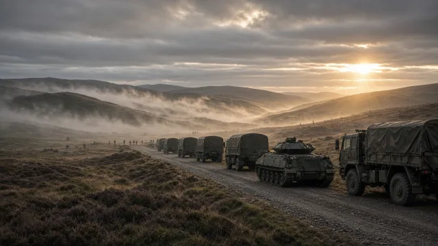 Military trucks and an armoured vehicle on a gravel track across misty moorland at dawn, illustrating UK defence readiness planning