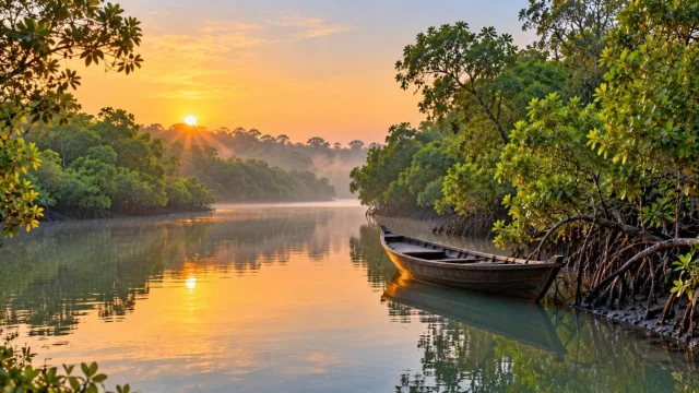 Mangrove creek in the Sundarbans at dawn with a small wooden boat