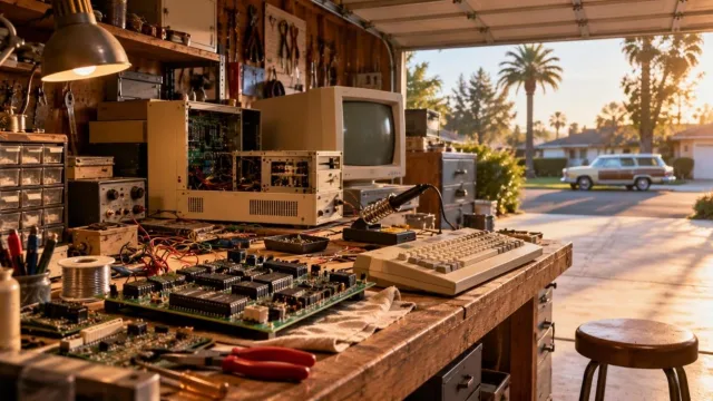 1970s California garage workbench with circuit boards, a soldering iron and an early computer keyboard