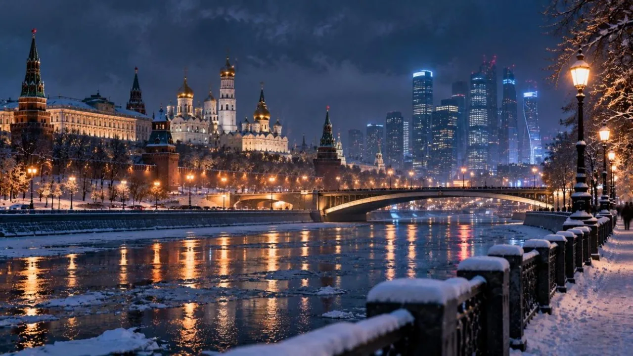 Snowy riverside at night with domed cathedral silhouettes and a glowing modern office building