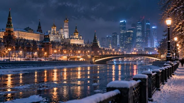 Snowy riverside at night with domed cathedral silhouettes and a glowing modern office building