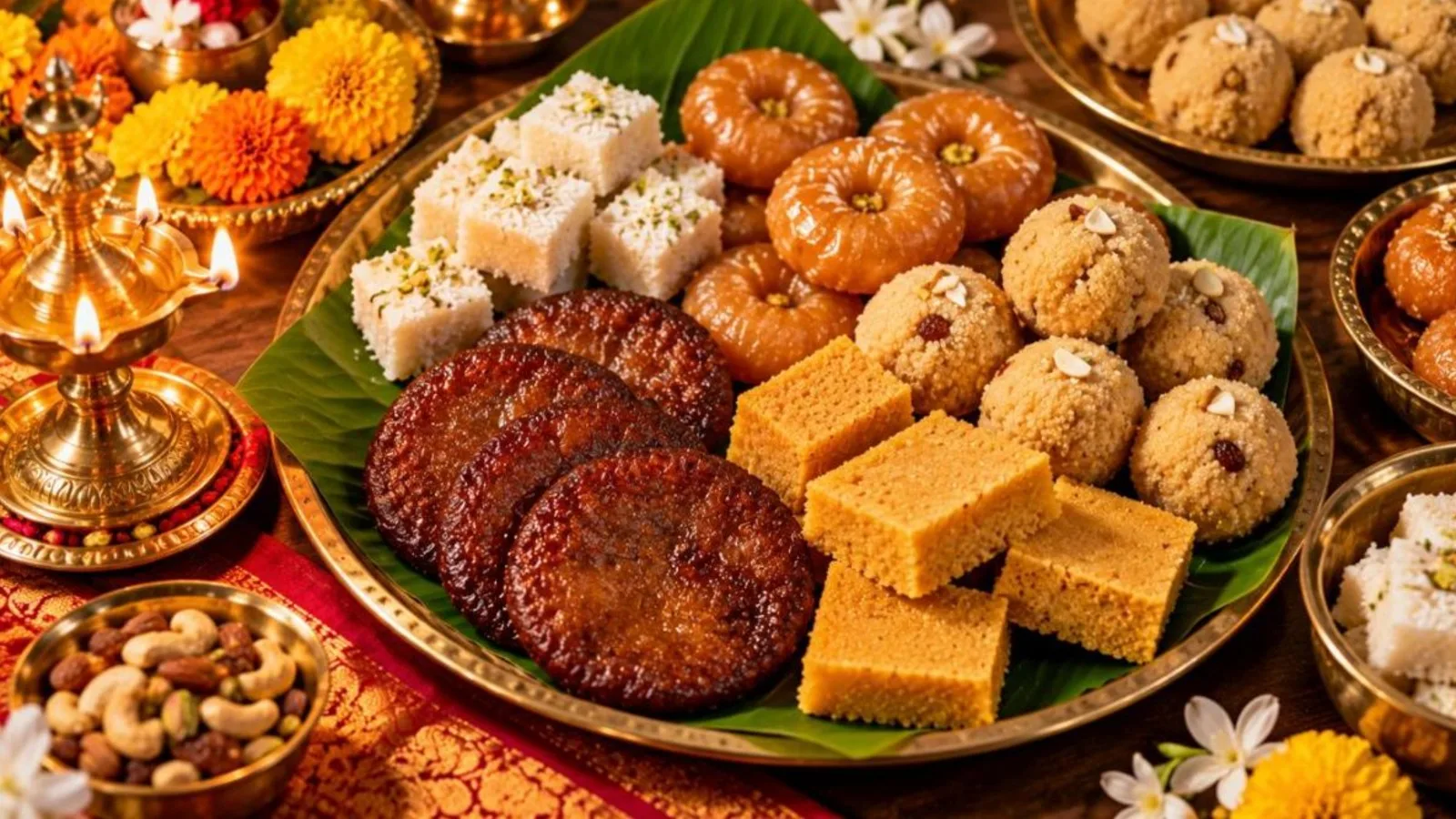 South Indian Deepavali sweets including athirasam, mysore pak, rava laddoo, badusha and coconut burfi on banana leaf