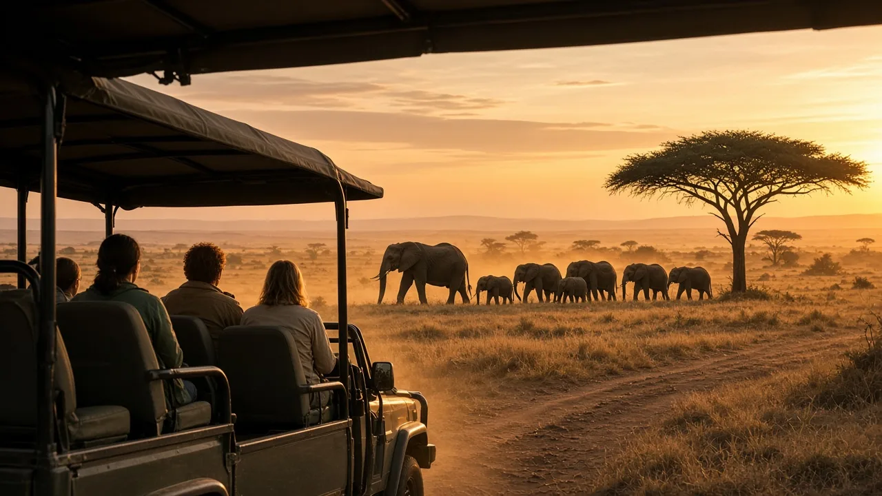 A safari vehicle watching elephants cross the savannah at sunrise in East Africa