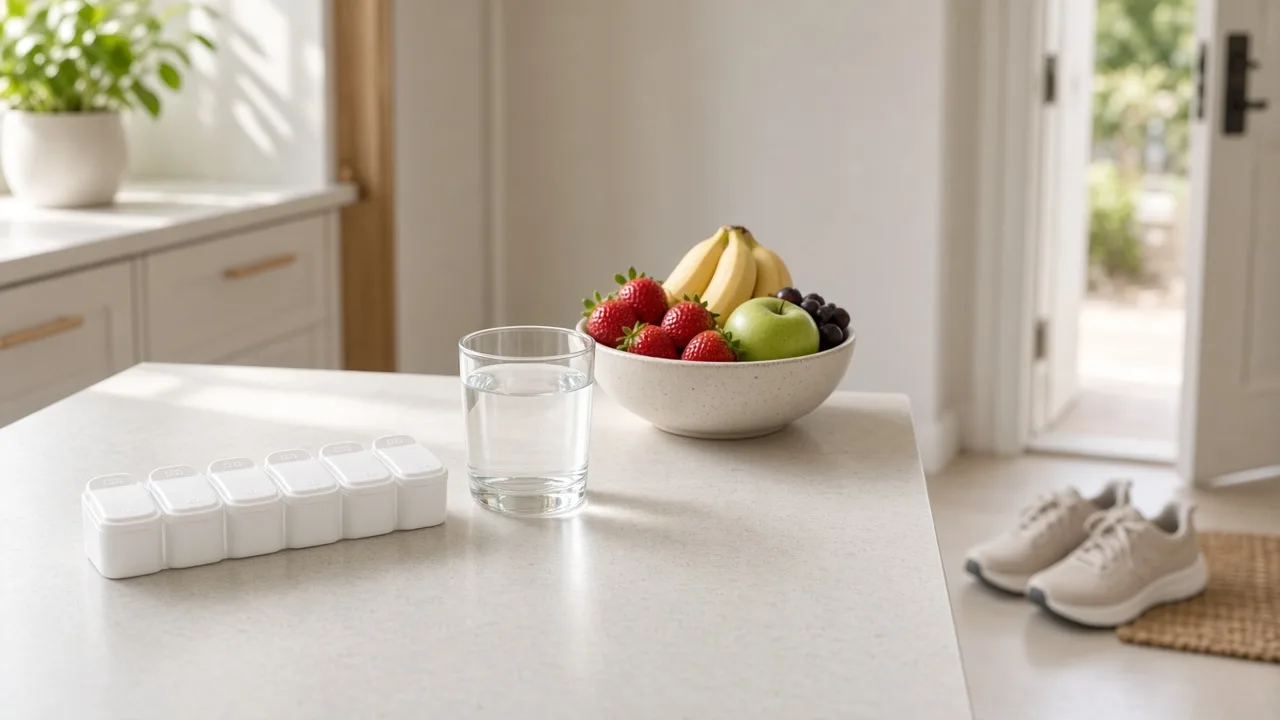 A small pill organiser on a kitchen counter beside a glass of water and a bowl of fruit