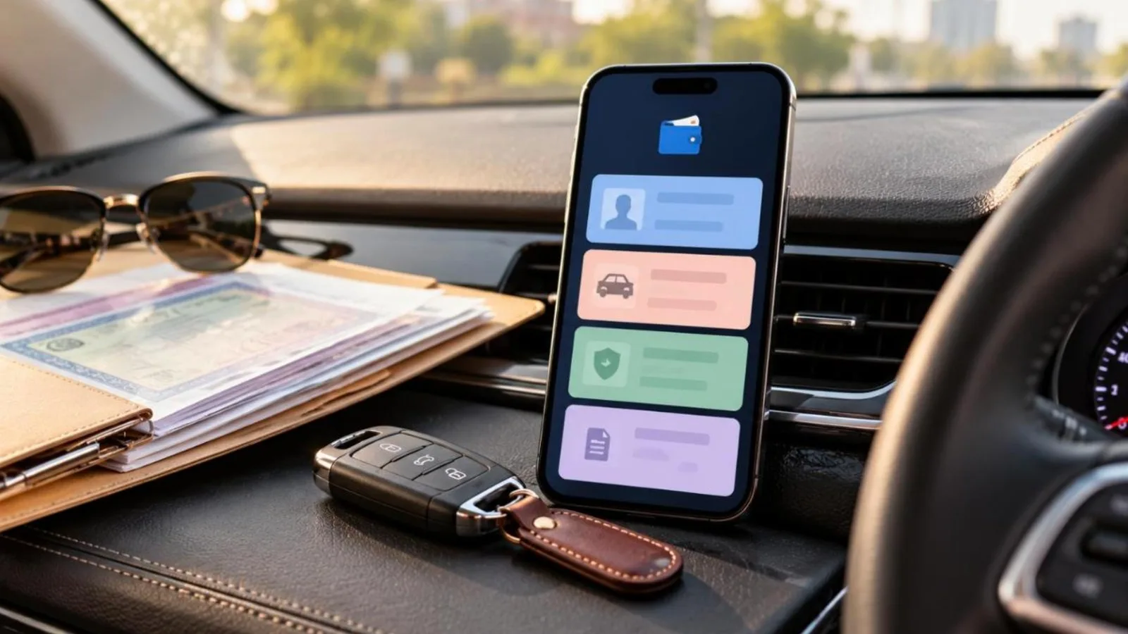 A smartphone with a digital document wallet on a car dashboard beside keys and a document folder