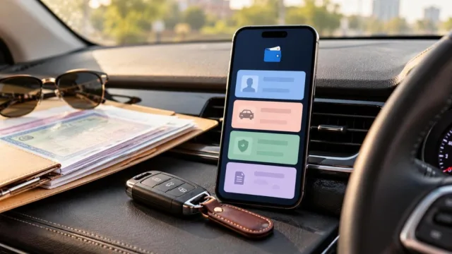 A smartphone with a digital document wallet on a car dashboard beside keys and a document folder
