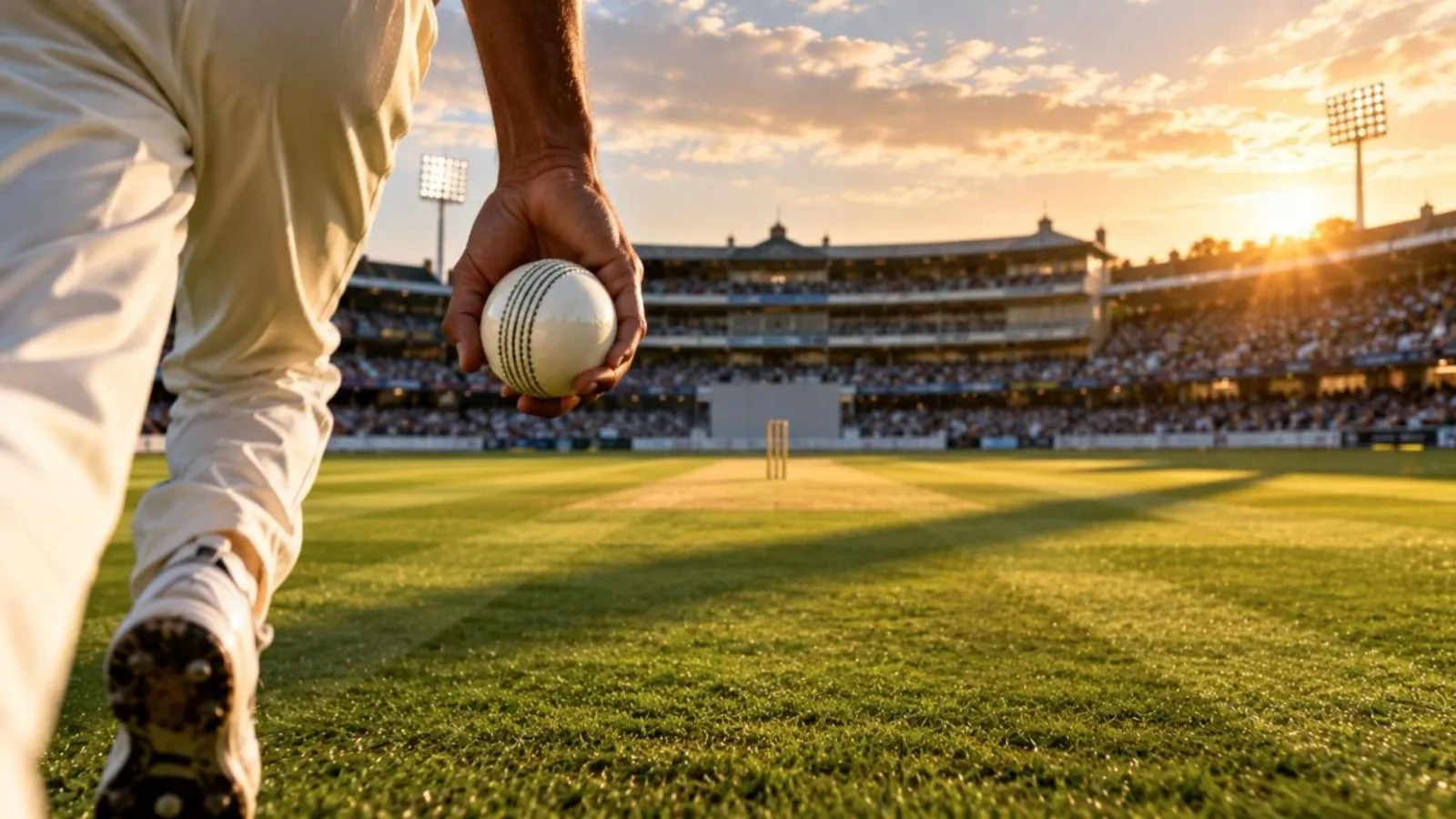 A fast bowler's gloved hand holding a white ball at the top of the run-up with long shadows on the outfield