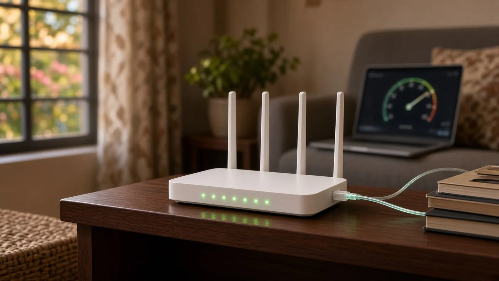 White Wi-Fi router with green status lights on a shelf, a laptop with a speed gauge behind