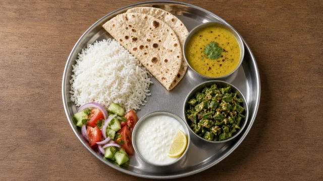 Overhead editorial photo of a steel thali with rice, roti, dal, sabzi, salad and a bowl of curd