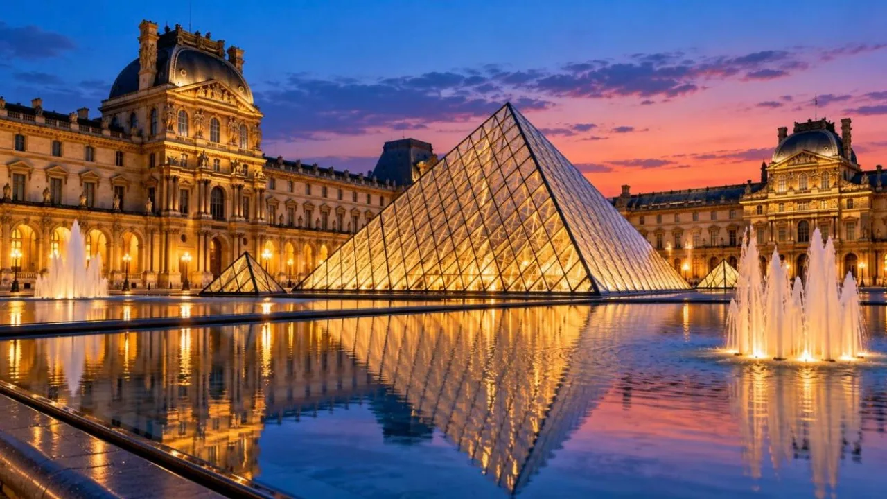 The Louvre glass pyramid in Paris at blue hour with illuminated palace wings