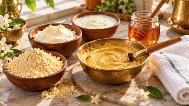 Bowls of gram flour, fresh cream, curd and honey with a brass bowl of besan face pack and a brush on a marble counter