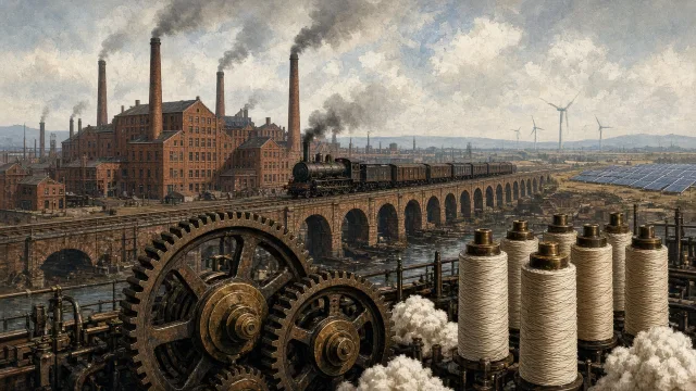 Brick mills, chimneys and a steam train on a viaduct with gears and cotton bobbins, illustrating the Industrial Revolution