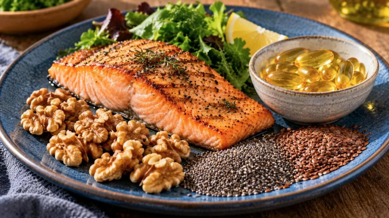 Grilled salmon with walnuts, chia seeds, flaxseeds and unlabelled golden fish oil capsules on a blue plate