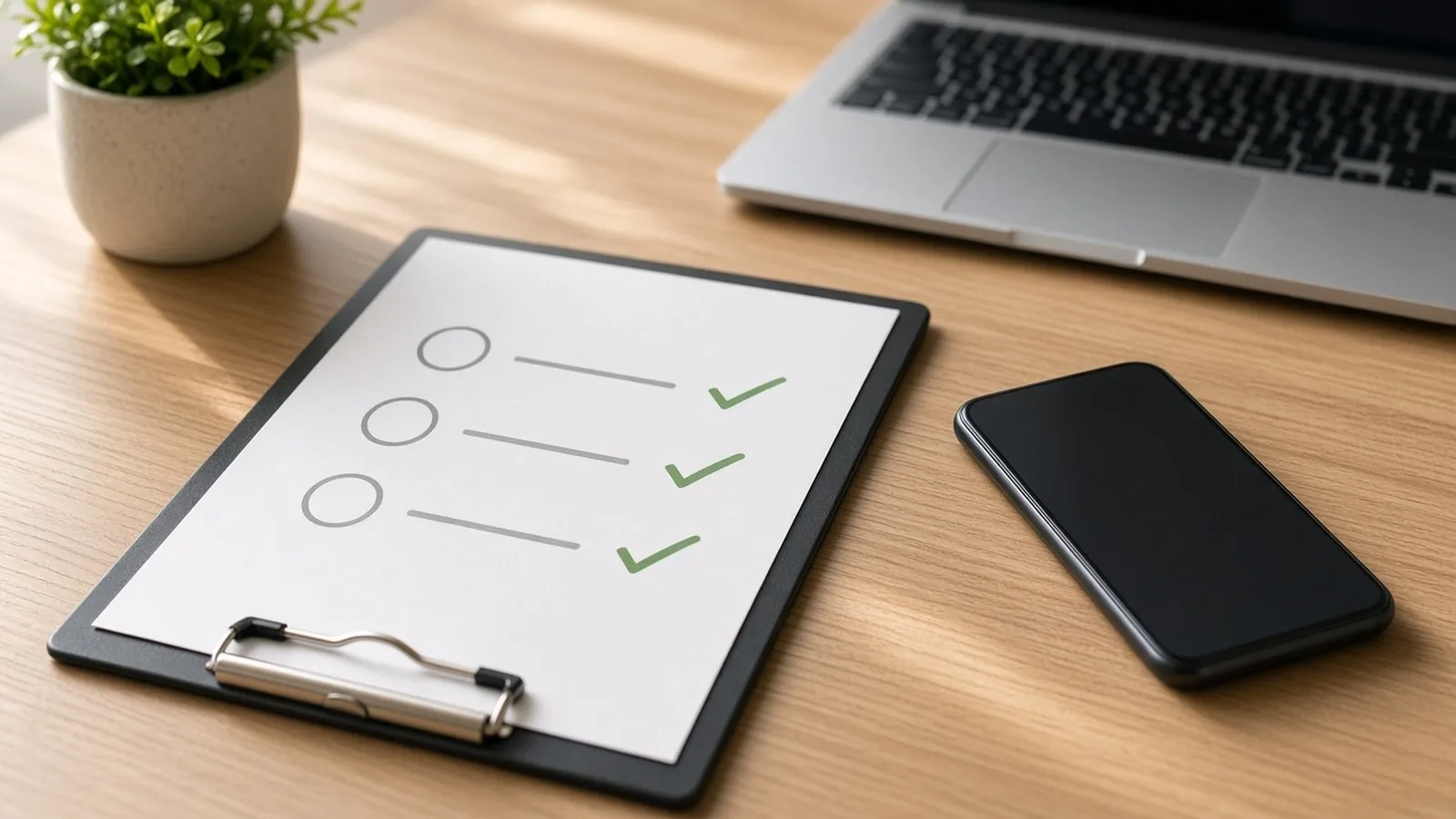 Clipboard with a checklist and tick marks on a desk beside a smartphone, laptop and potted plant