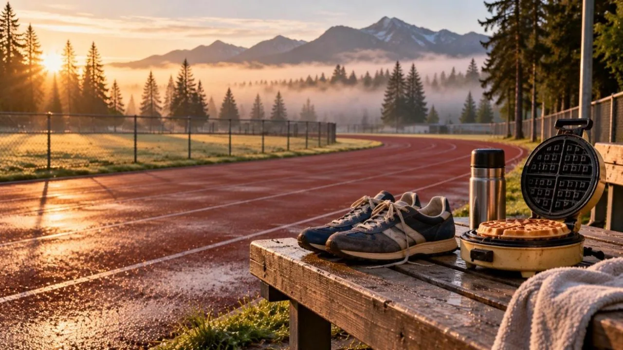 Misty running track with pine trees and plain unbranded running shoes beside an old waffle iron on a bench