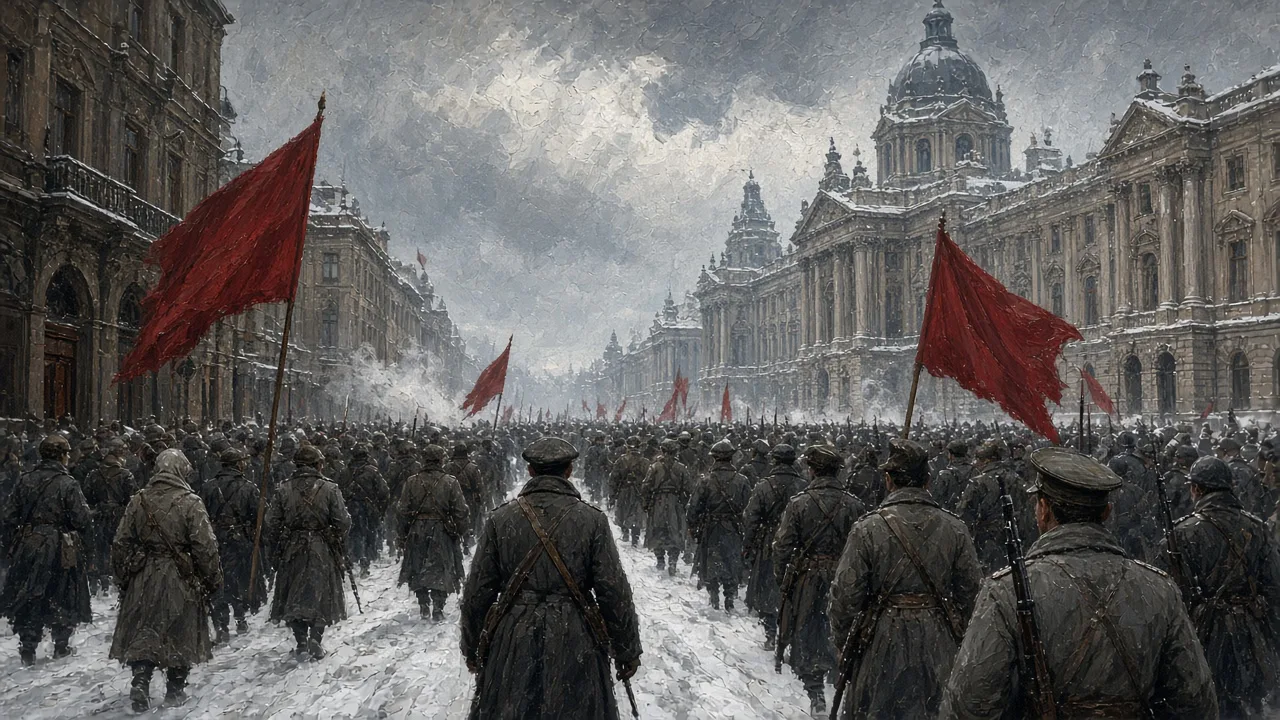 A crowd of workers and soldiers with red flags marching through snowy Petrograd, illustrating the Russian Revolution of 1917