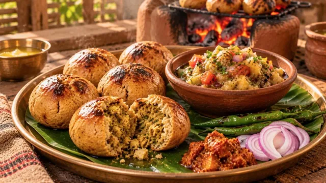 Ghee-dipped litti with smoky baingan chokha, green chillies and onion on a rustic plate