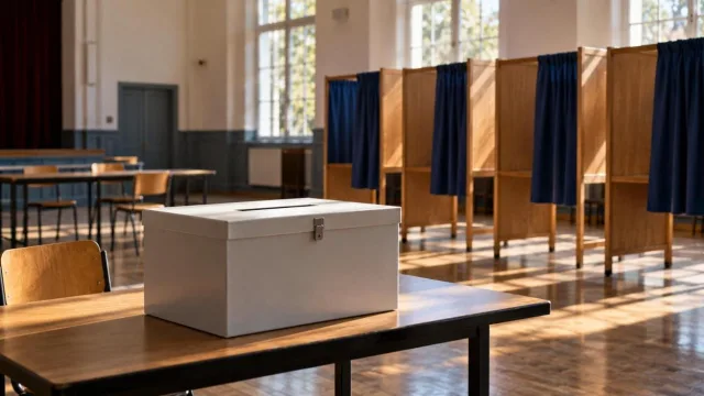 A ballot box on a table in a polling station with voting booths behind it