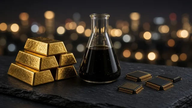 A stack of gold bars, a glass flask of crude oil and several computer chips on dark slate, with blurred city lights behind