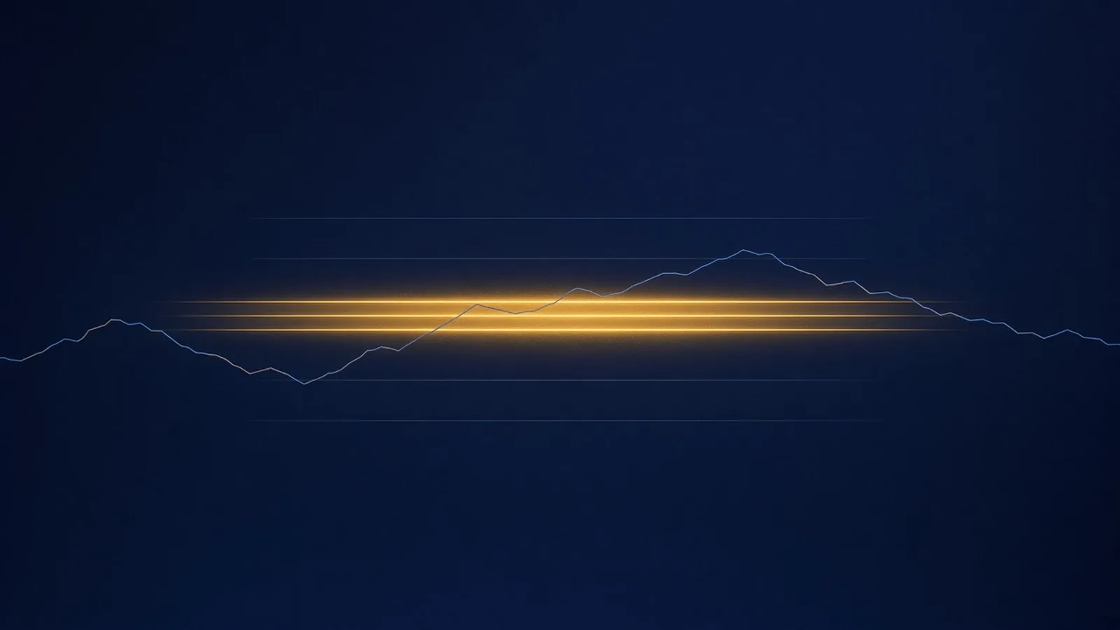 Three closely spaced glowing golden horizontal lines forming a narrow band on a dark blue background, with fainter lines above and below and a thin price path crossing