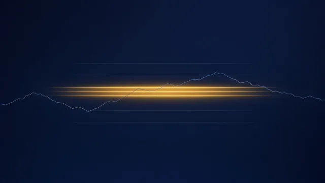 Three closely spaced glowing golden horizontal lines forming a narrow band on a dark blue background, with fainter lines above and below and a thin price path crossing