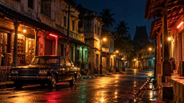 Moody 1980s South Indian town street at night with a vintage car
