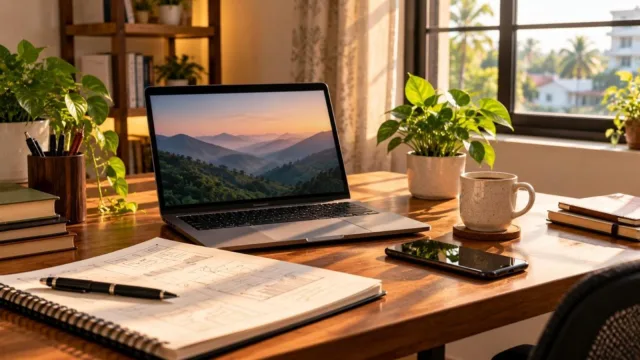 A freelancer home office desk with laptop, notebook, phone and coffee in afternoon sunlight