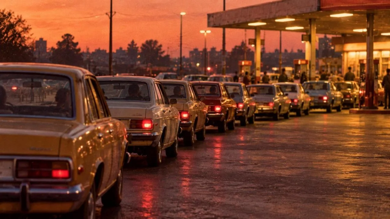 Long queue of 1970s cars waiting at a petrol station at dusk with a grainy film look