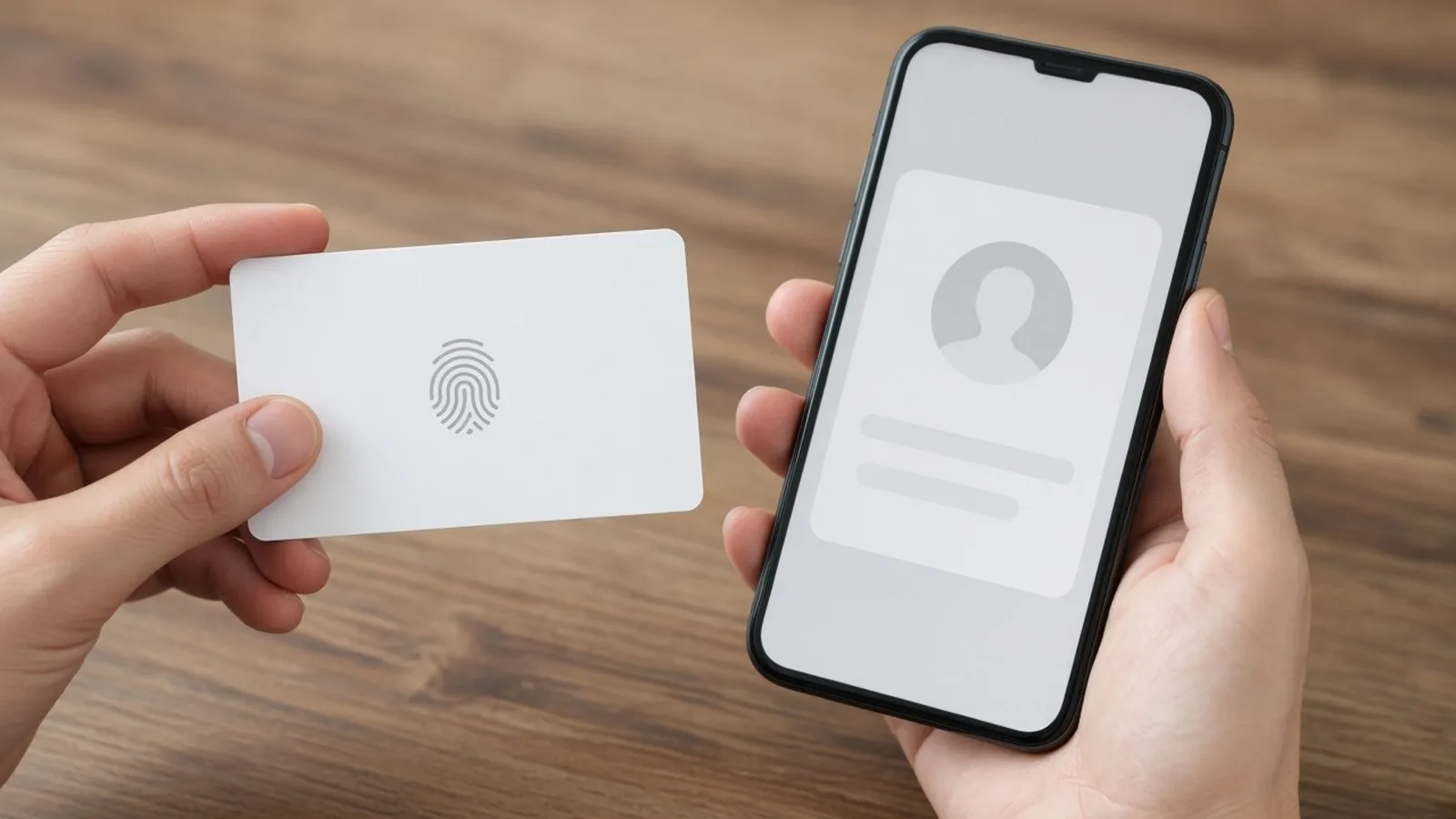 Hand holding a blank white card with a fingerprint symbol next to a phone showing a profile card